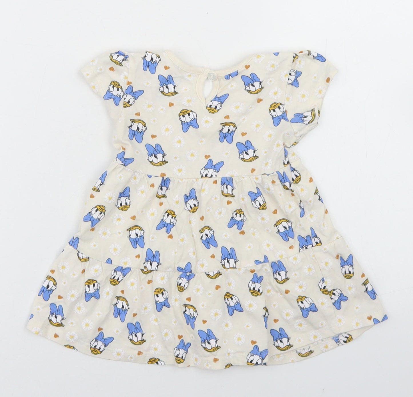 Primark Girls Beige Floral Cotton T-Shirt Dress  Size 6-9 Months  Crew Neck Button - Daisy Duck