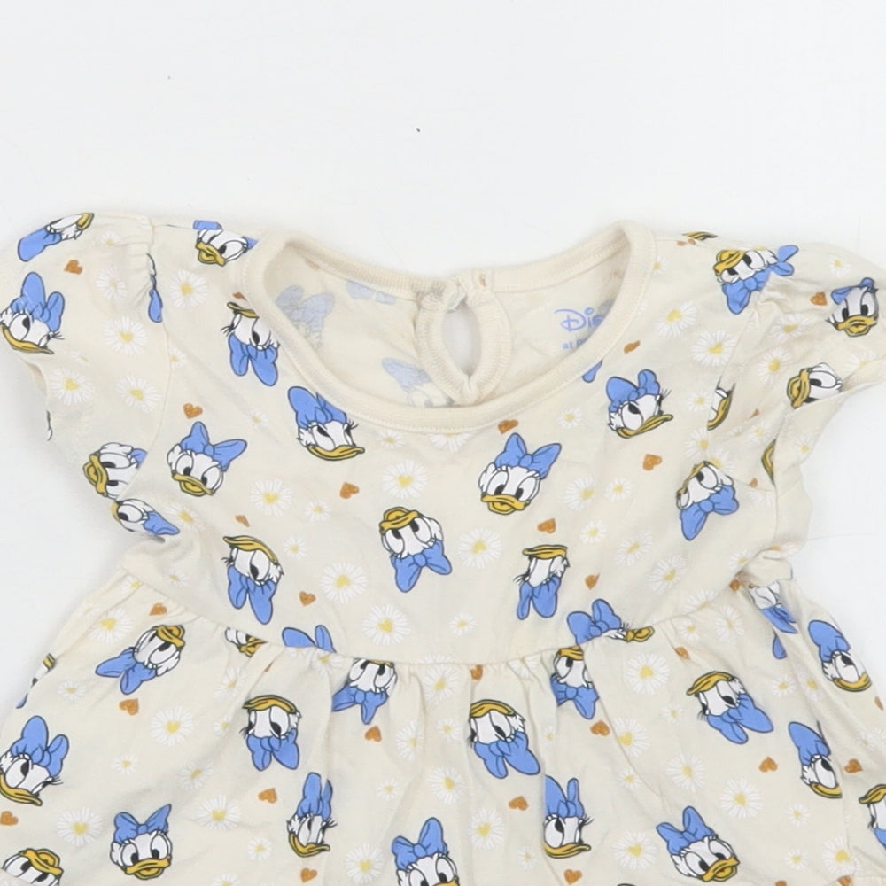 Primark Girls Beige Floral Cotton T-Shirt Dress  Size 6-9 Months  Crew Neck Button - Daisy Duck