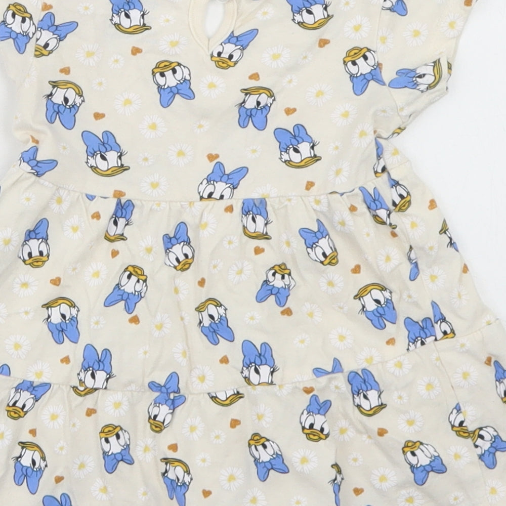 Primark Girls Beige Floral Cotton T-Shirt Dress  Size 6-9 Months  Crew Neck Button - Daisy Duck