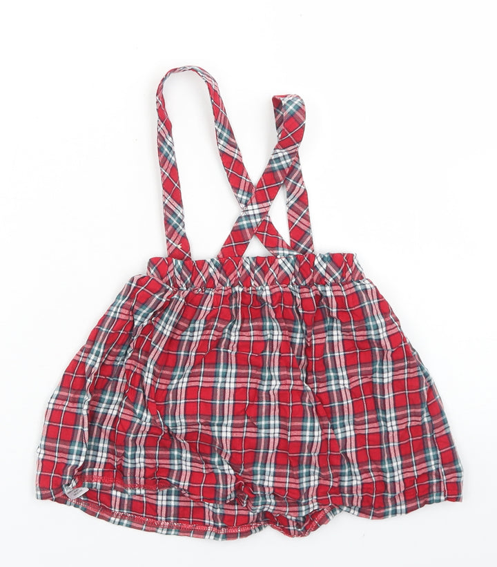 George Girls Red Plaid Cotton Pinafore/Dungaree Dress  Size 12-18 Months  Square Neck Button