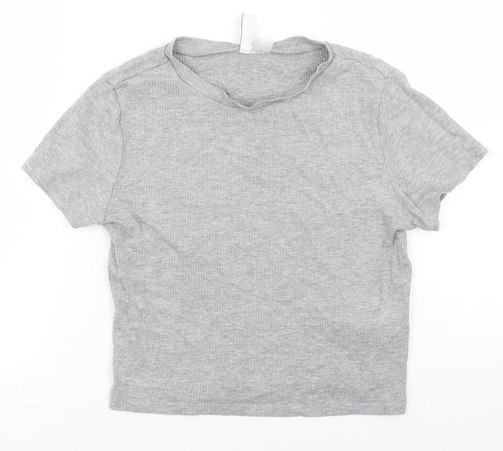 Divided Womens Grey Cotton Cropped T-Shirt Size L Crew Neck