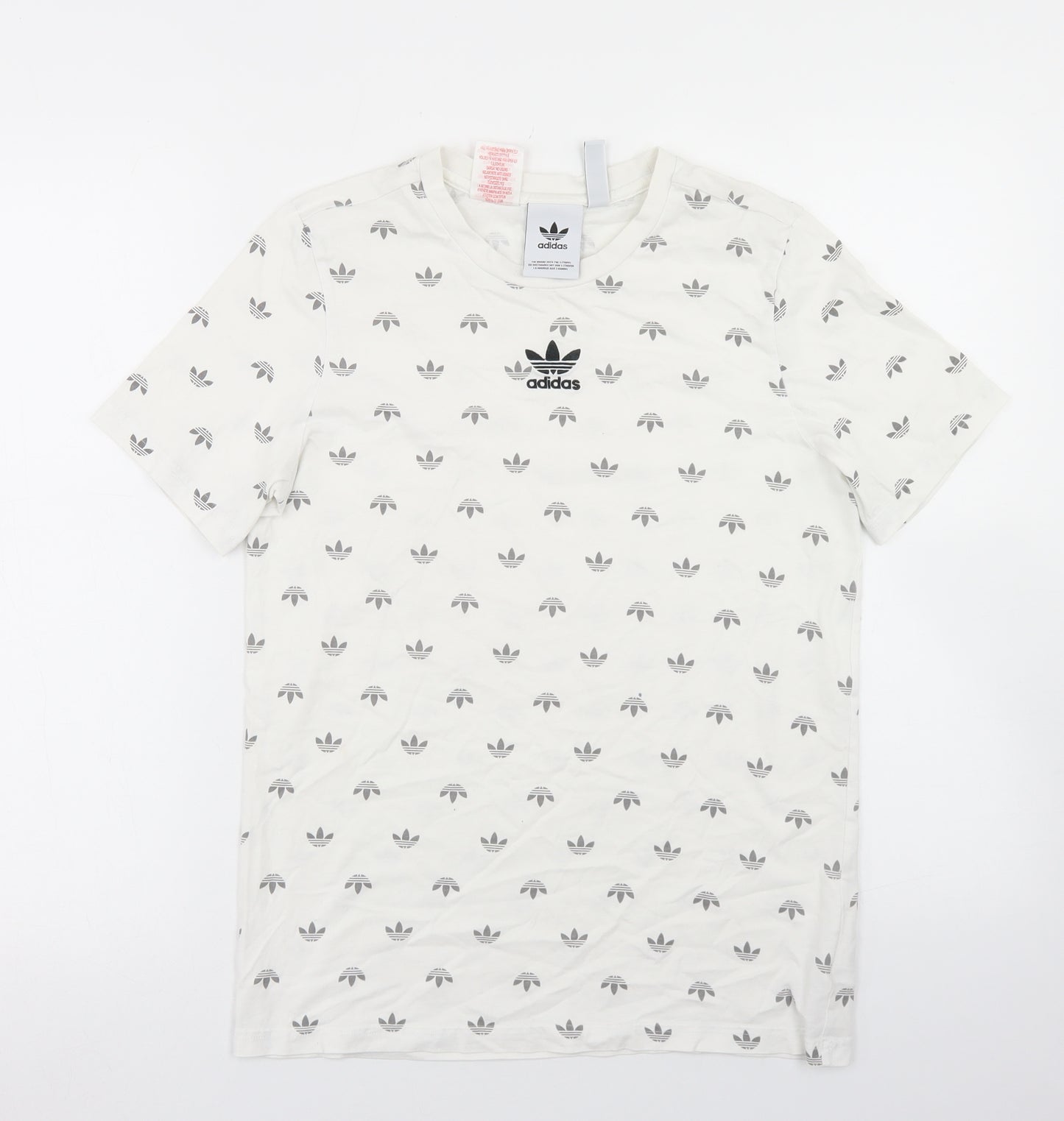 adidas Boys White Geometric Cotton Basic T-Shirt Size 13-14 Years Crew Neck