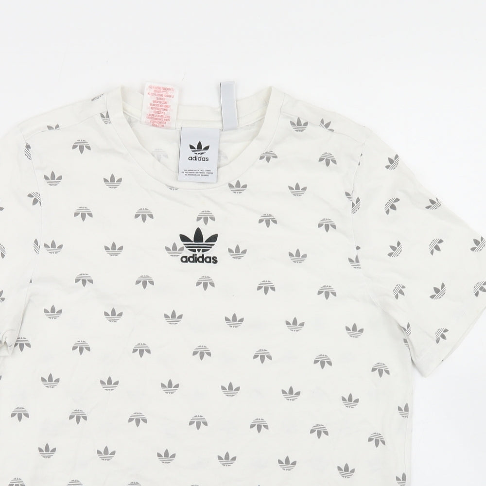 adidas Boys White Geometric Cotton Basic T-Shirt Size 13-14 Years Crew Neck