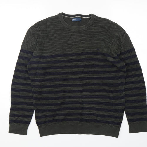 Easy Womens Green Round Neck Striped Cotton Pullover Jumper Size L