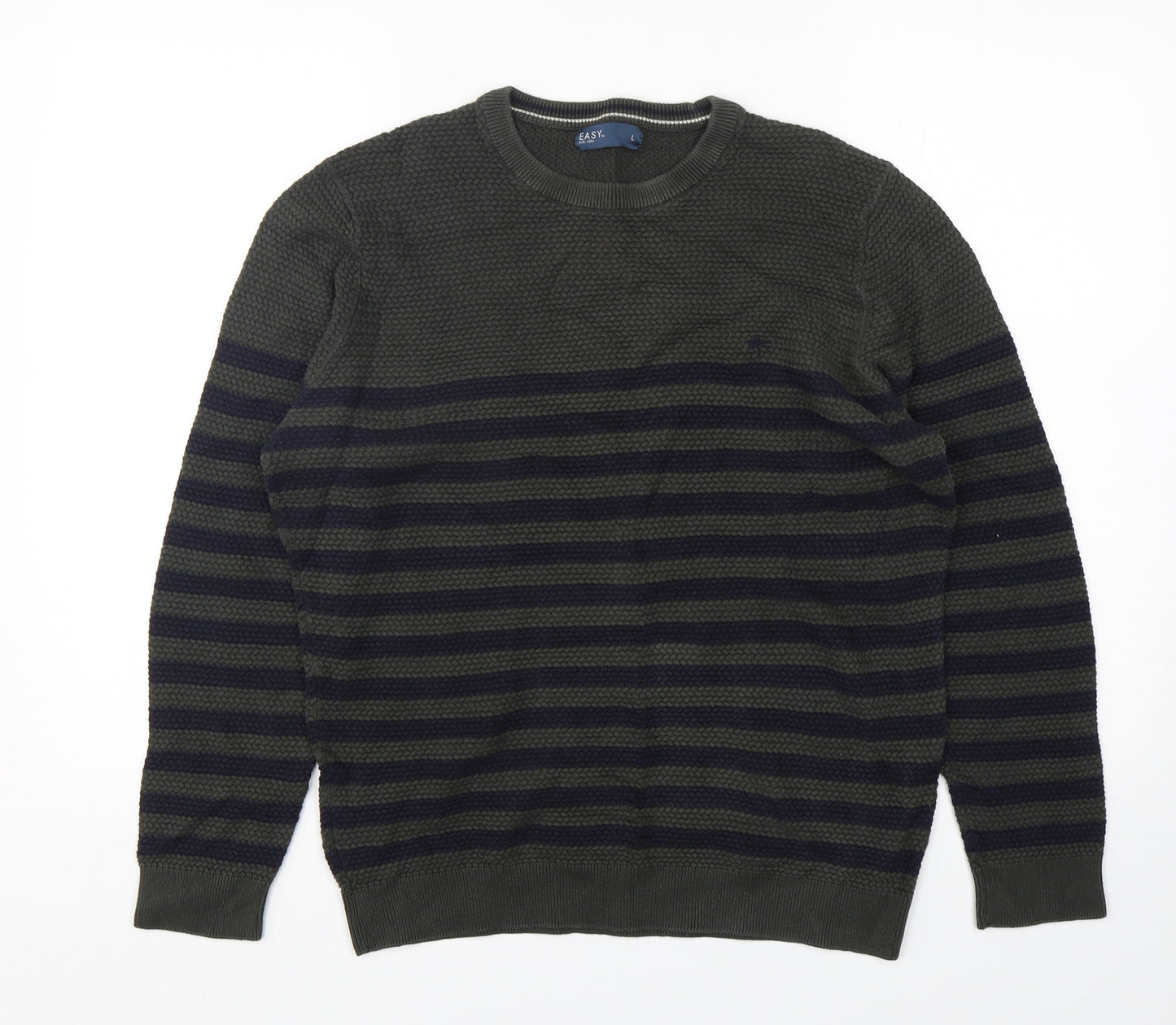 Easy Womens Green Round Neck Striped Cotton Pullover Jumper Size L