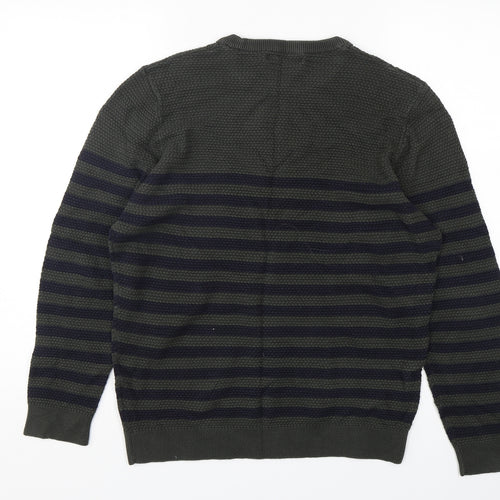 Easy Womens Green Round Neck Striped Cotton Pullover Jumper Size L