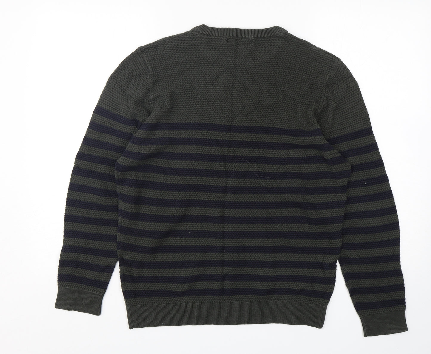 Easy Womens Green Round Neck Striped Cotton Pullover Jumper Size L