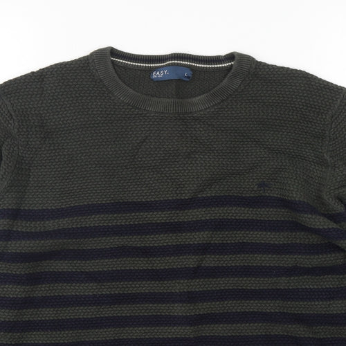 Easy Womens Green Round Neck Striped Cotton Pullover Jumper Size L