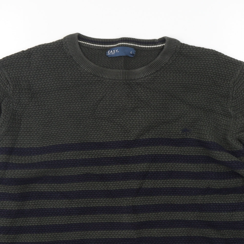 Easy Womens Green Round Neck Striped Cotton Pullover Jumper Size L