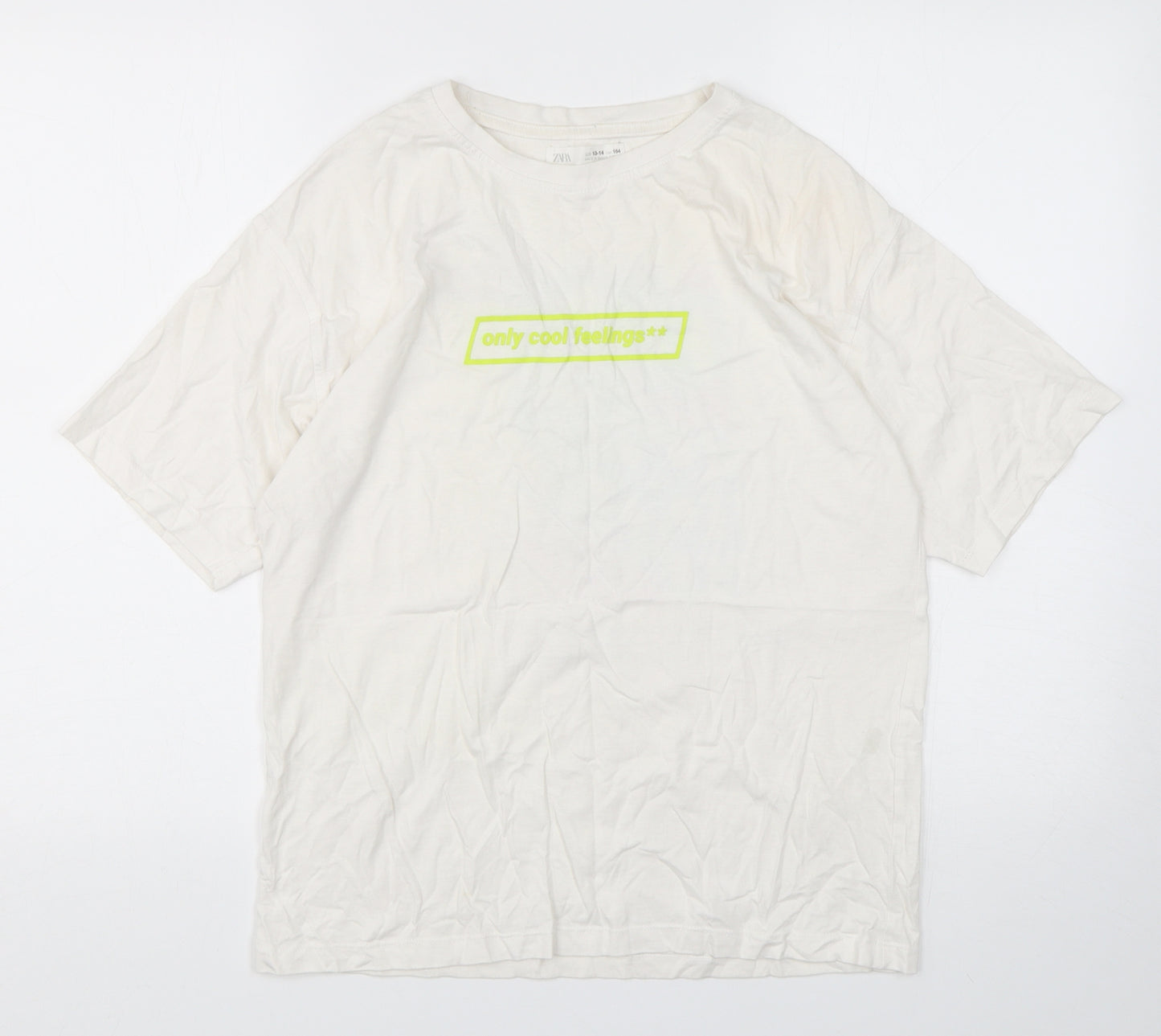 Zara Boys White  Polyester Basic T-Shirt Size 13-14 Years Round Neck Pullover