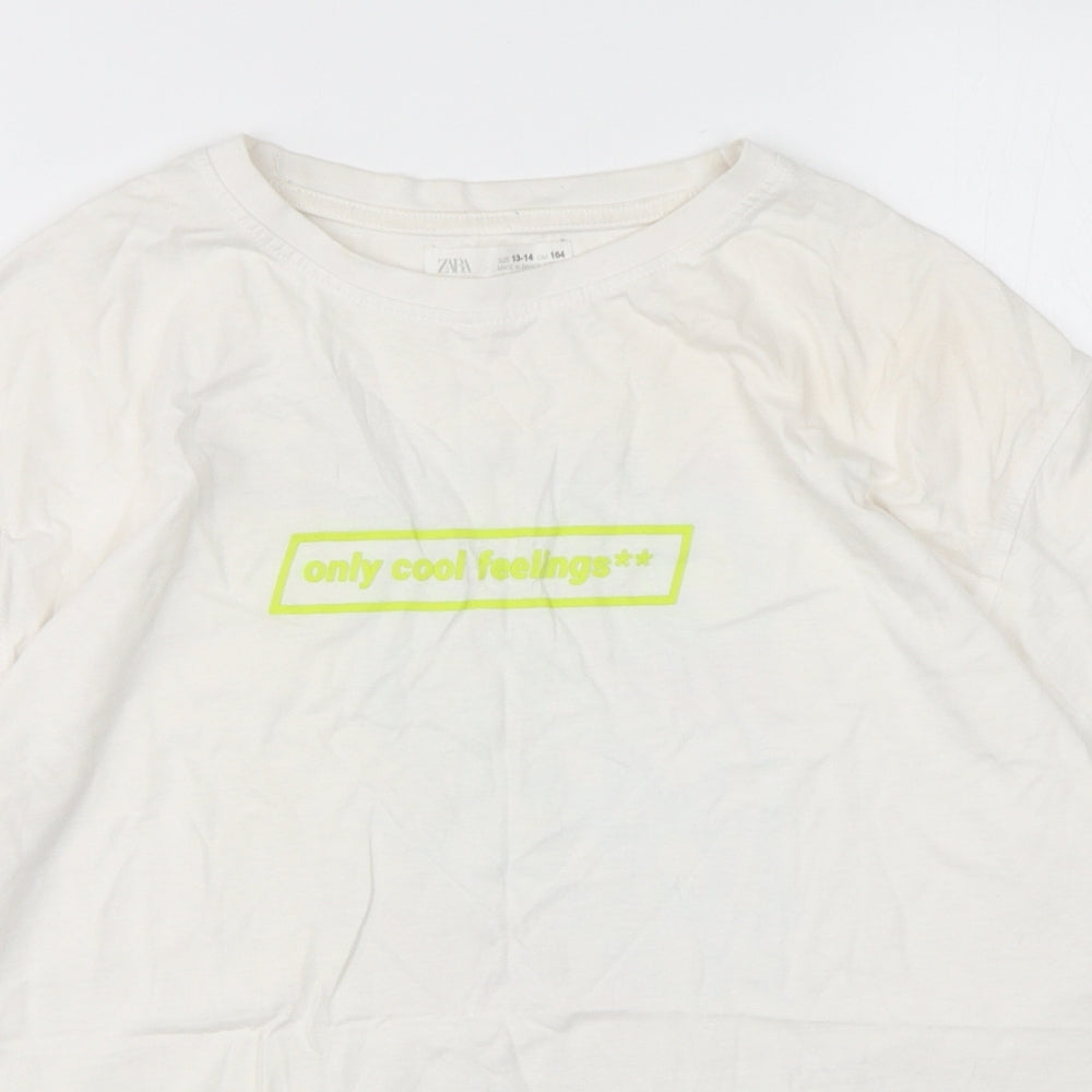 Zara Boys White  Polyester Basic T-Shirt Size 13-14 Years Round Neck Pullover