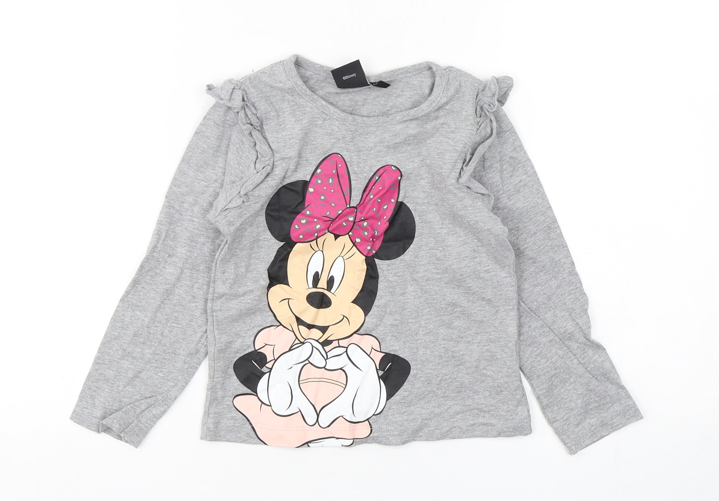 Primark Girls Grey  Cotton Basic T-Shirt Size 4-5 Years Round Neck Pullover - Minnie Mouse