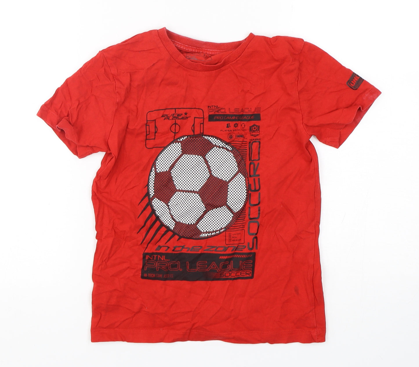 NEXT Boys Red  Cotton Basic T-Shirt Size 7 Years Round Neck Pullover - Football