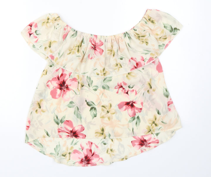 Hollister Womens Beige Floral Polyester Basic Blouse Size XS Boat Neck