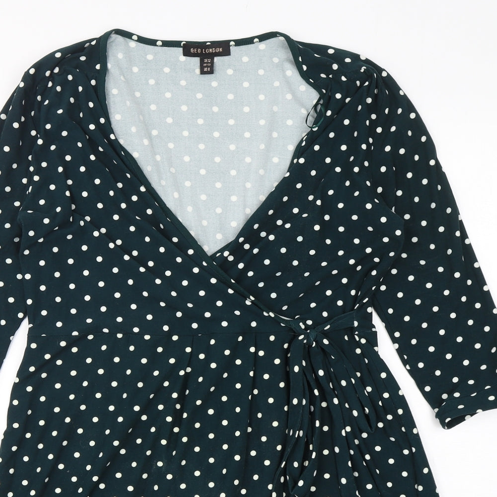 QED London Womens Green Polka Dot Polyester Fit & Flare  Size 12  V-Neck Pullover