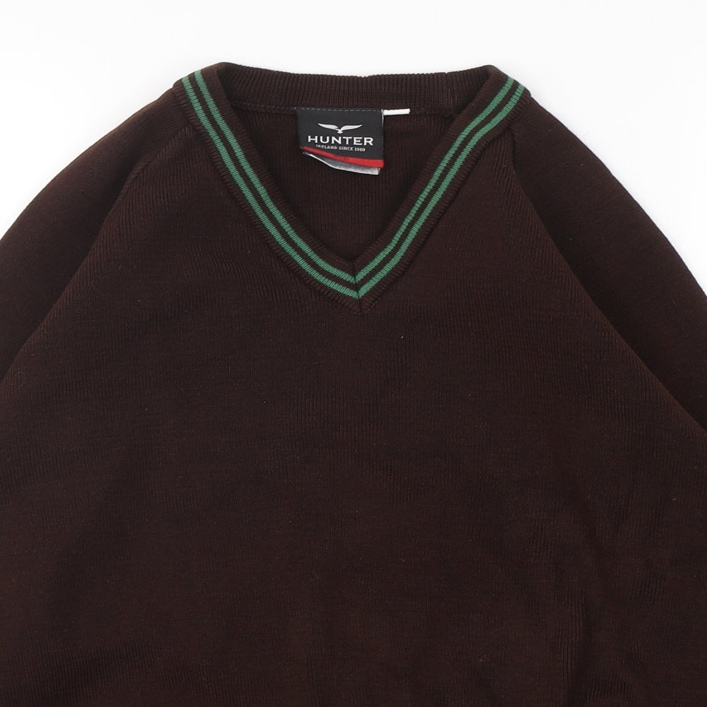Hunter Boys Brown V-Neck  Acrylic Pullover Jumper Size S  Pullover
