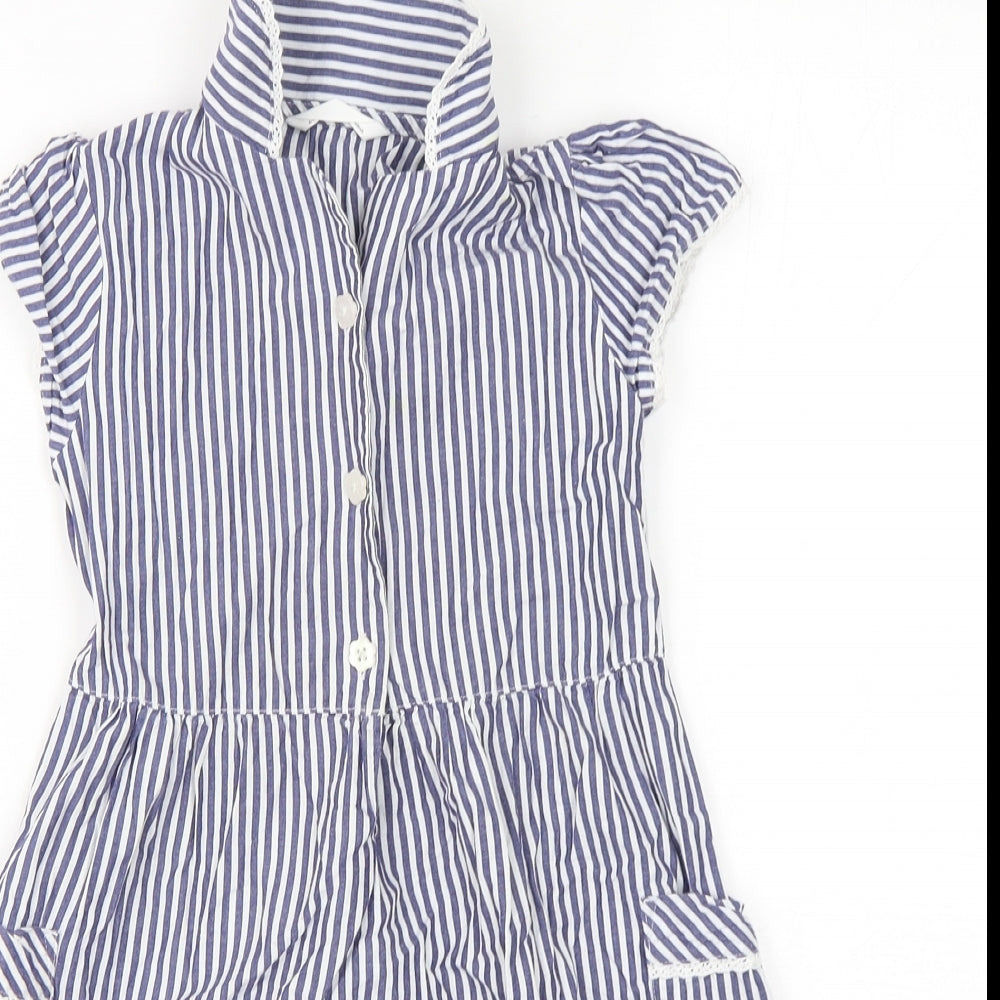 Marks and Spencer Girls Blue Striped Cotton A-Line  Size 6-7 Years  Collared