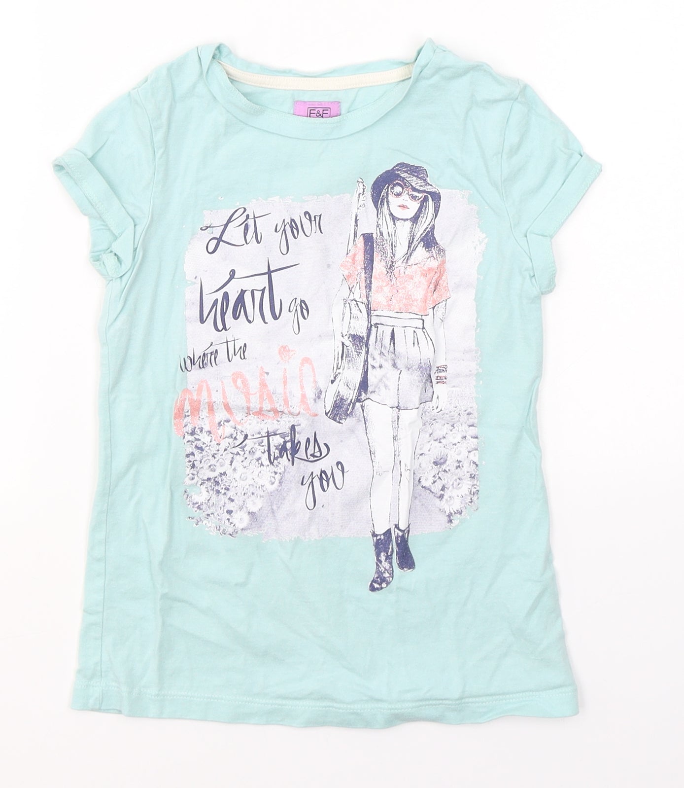 F&F Girls Blue  Cotton Basic T-Shirt Size 7-8 Years Round Neck