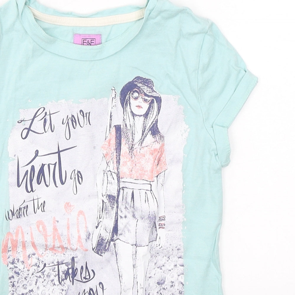 F&F Girls Blue  Cotton Basic T-Shirt Size 7-8 Years Round Neck