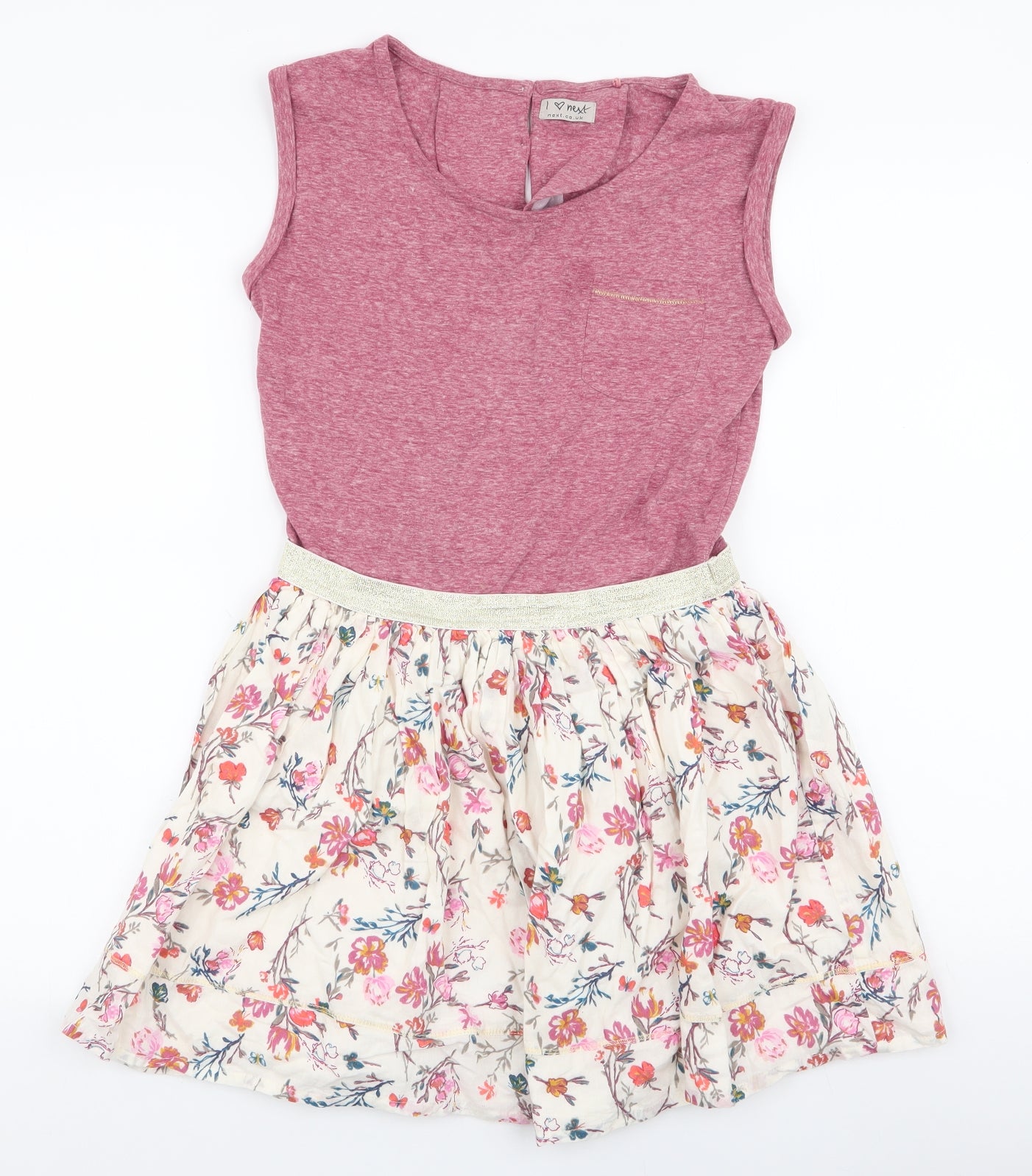 NEXT Girls Pink Floral Polyester Skater Dress  Size 12 Years  Round Neck Button