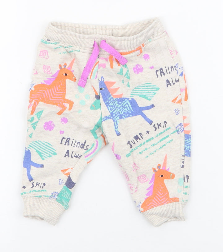 NEXT Girls Ivory Geometric Cotton Jogger Trousers Size 3-6 Months Drawstring - Unicorns