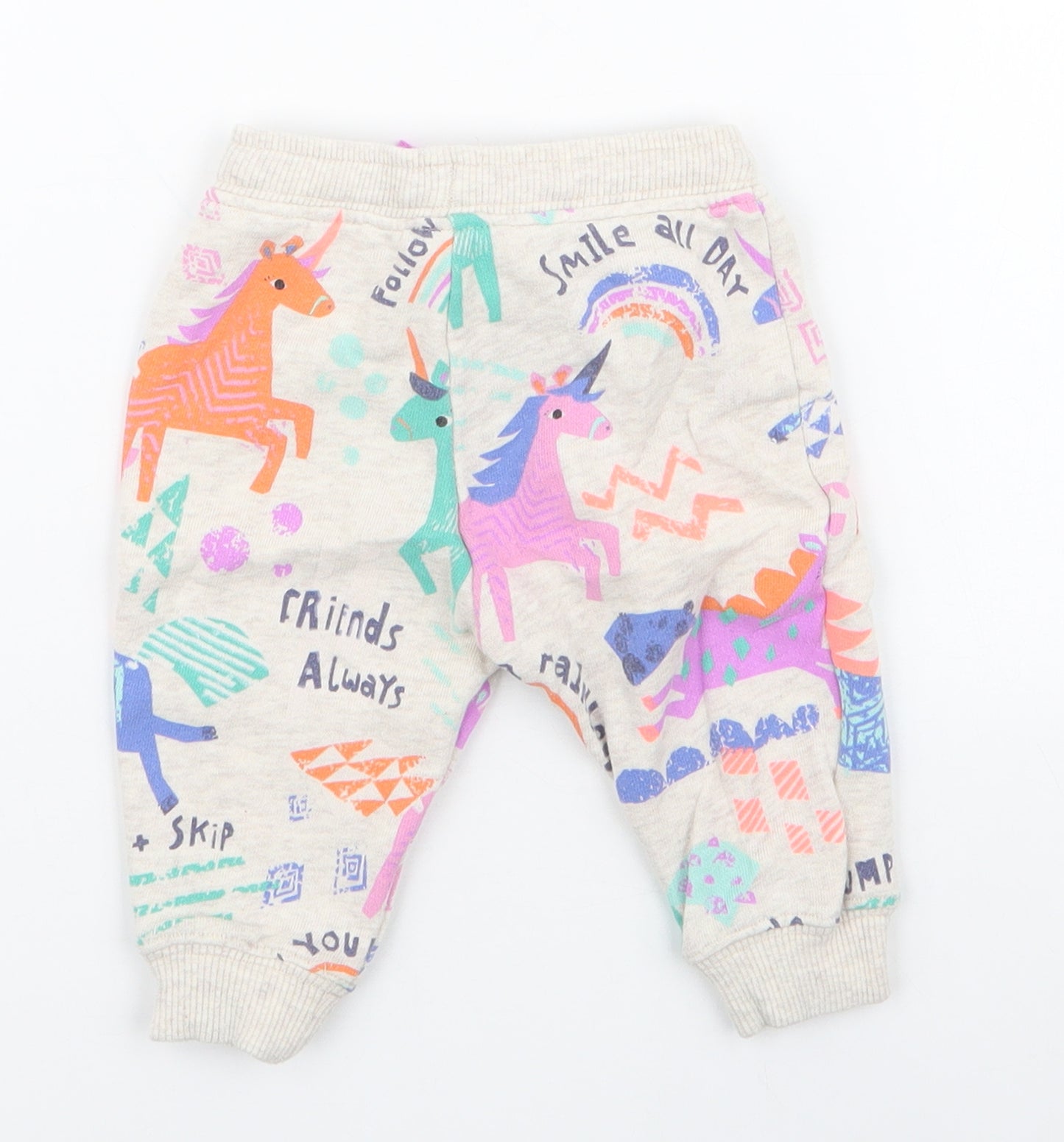 NEXT Girls Ivory Geometric Cotton Jogger Trousers Size 3-6 Months  Drawstring - Unicorns