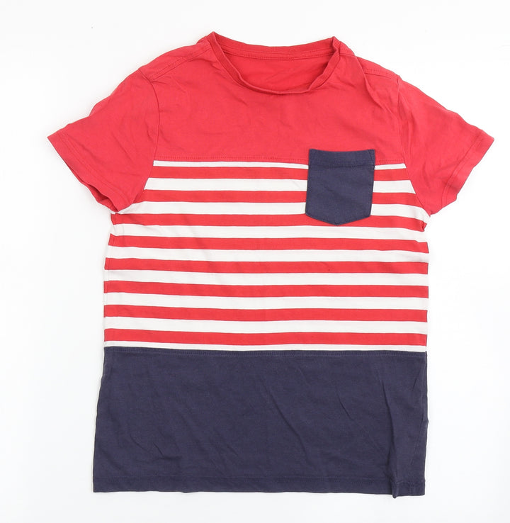 Marks and Spencer Boys Red Striped Cotton Basic T-Shirt Size 9-10 Years Round Neck Pullover