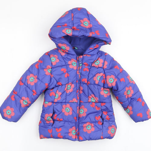Mothercare Girls Purple Floral  Puffer Jacket Coat Size 12-18 Months   Zip - Flowers