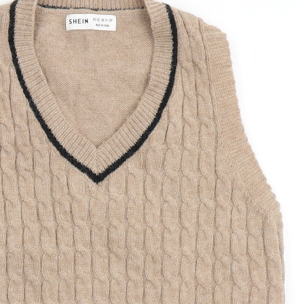 SheIn Girls Brown V-Neck  Acrylic Vest Jumper Size 11-12 Years  Pullover