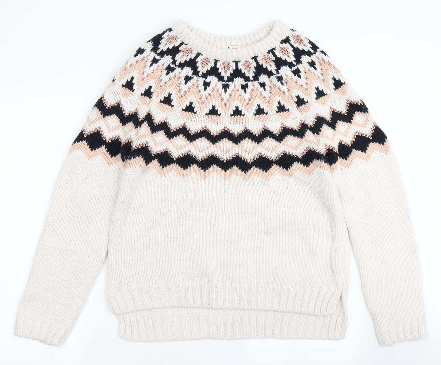 TU Womens Ivory Round Neck Fair Isle Acrylic Pullover Jumper Size 14