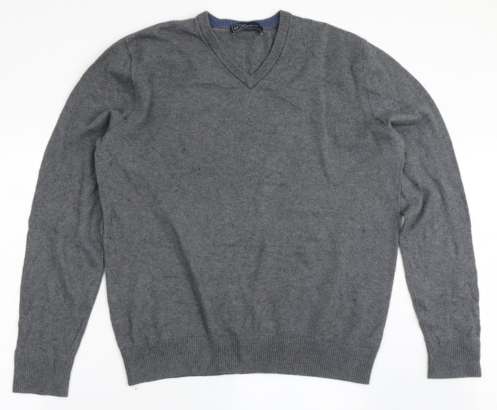Gap Mens Grey V-Neck Cotton Pullover Jumper Size L