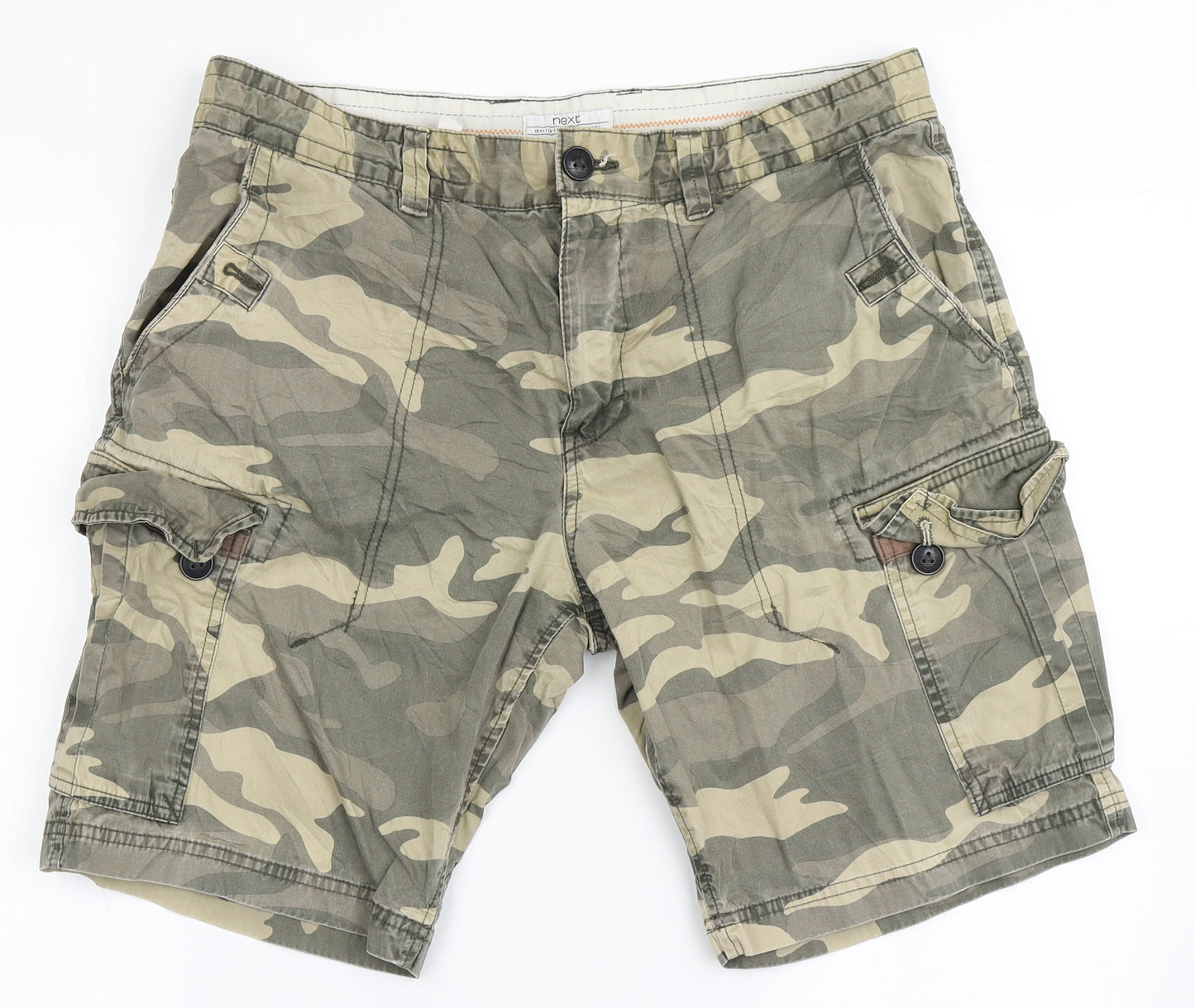NEXT Mens Green Camouflage Cotton Cargo Shorts Size 36 L9 in Regular Button