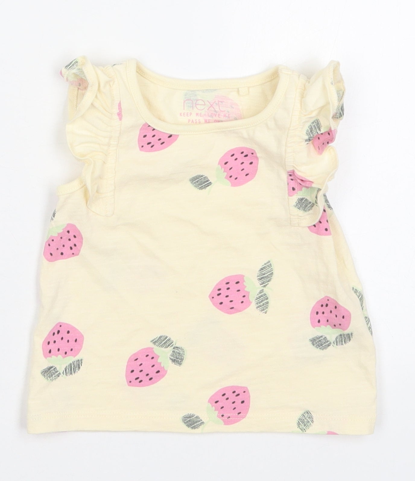 NEXT Girls Beige  Cotton Basic T-Shirt Size 6-9 Months Crew Neck Pullover - Strawberries