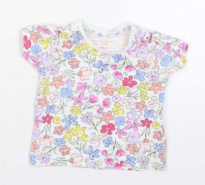 Primark Girls White Floral Cotton Basic T-Shirt Size 6-9 Months Crew Neck Pullover - Multicoloured Flowers