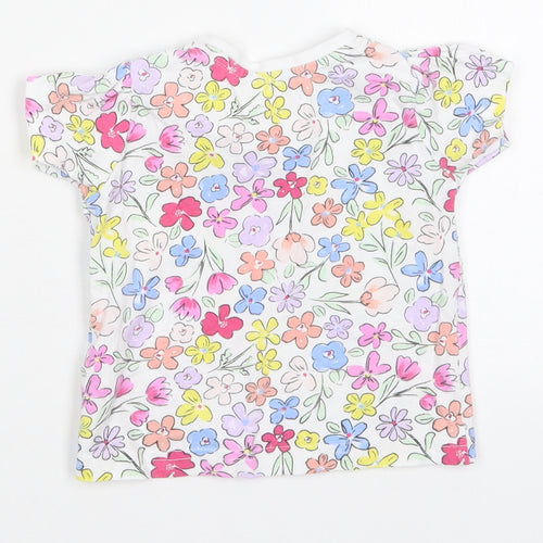 Primark Girls White Floral Cotton Basic T-Shirt Size 6-9 Months Crew Neck Pullover - Multicoloured Flowers