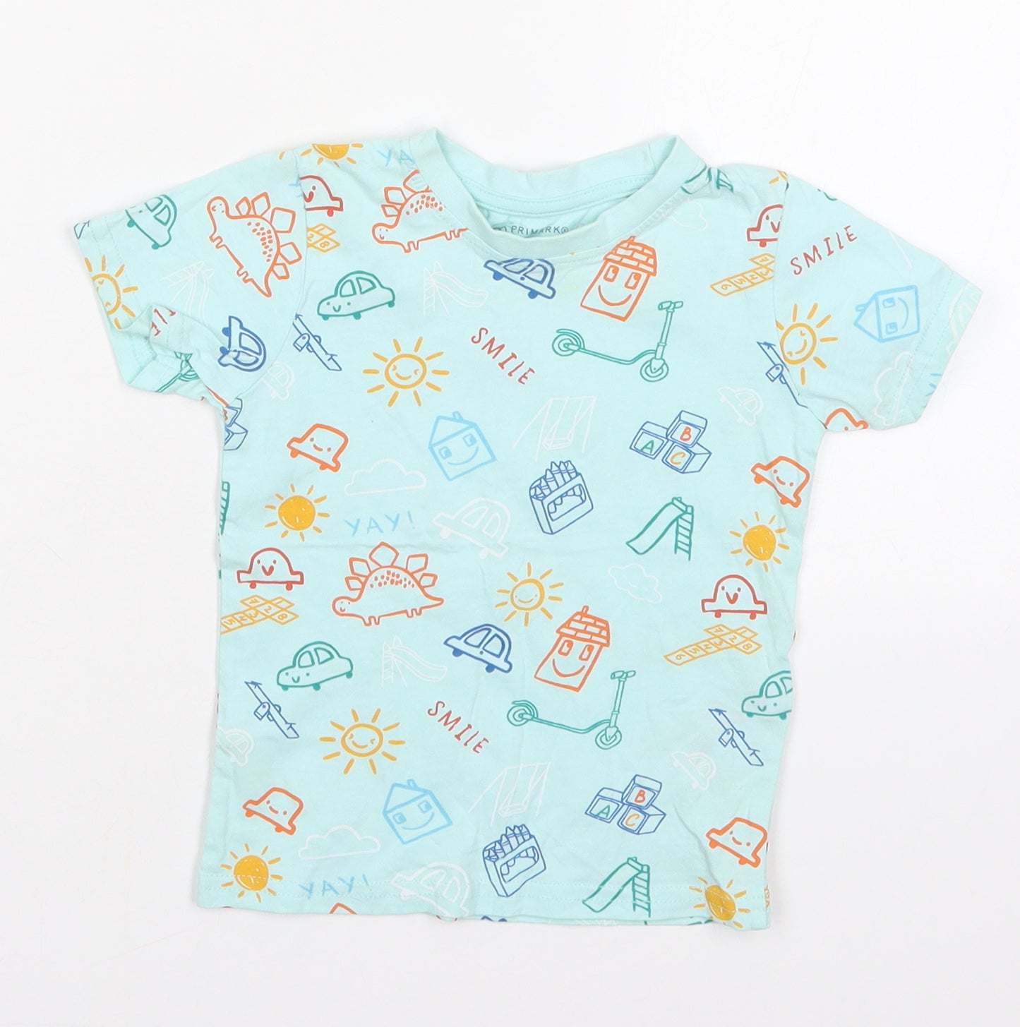 Primark Boys Blue  Cotton Basic T-Shirt Size 18-24 Months Crew Neck Pullover - Smile Dinosaurs Houses Sun