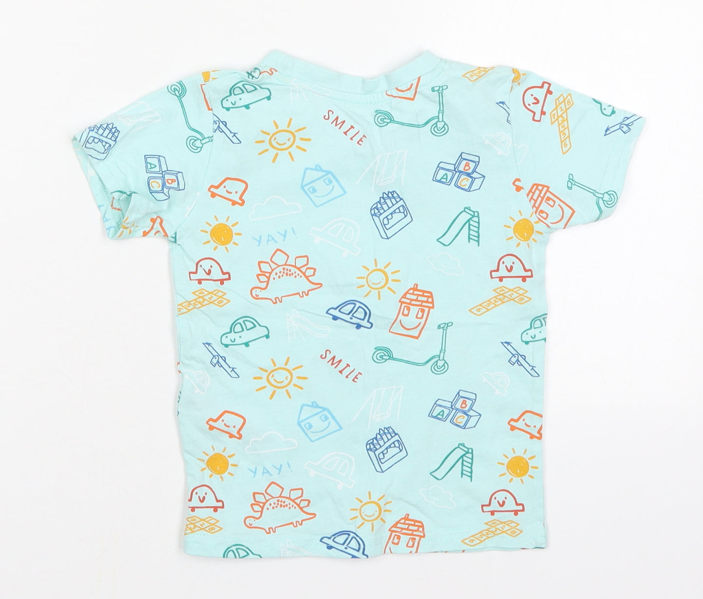 Primark Boys Blue  Cotton Basic T-Shirt Size 18-24 Months Crew Neck Pullover - Smile Dinosaurs Houses Sun
