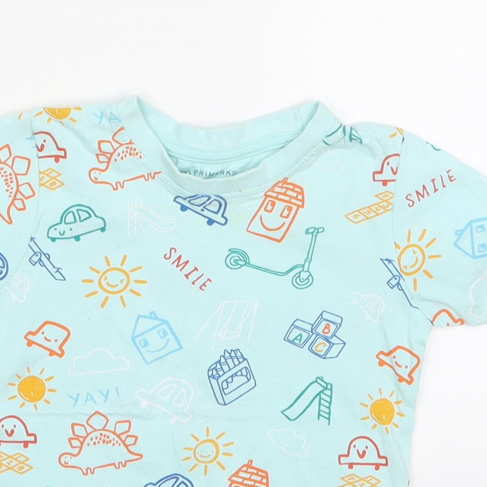 Primark Boys Blue  Cotton Basic T-Shirt Size 18-24 Months Crew Neck Pullover - Smile Dinosaurs Houses Sun