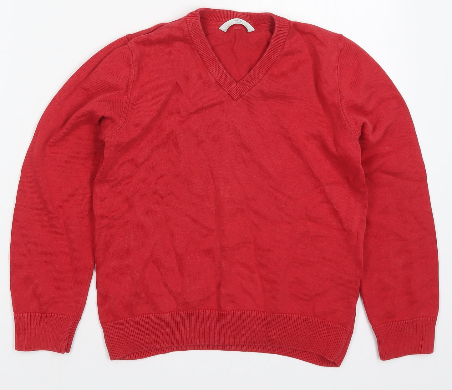 Marks and Spencer Boys Red V-Neck  Cotton Pullover Jumper Size 8-9 Years  Pullover