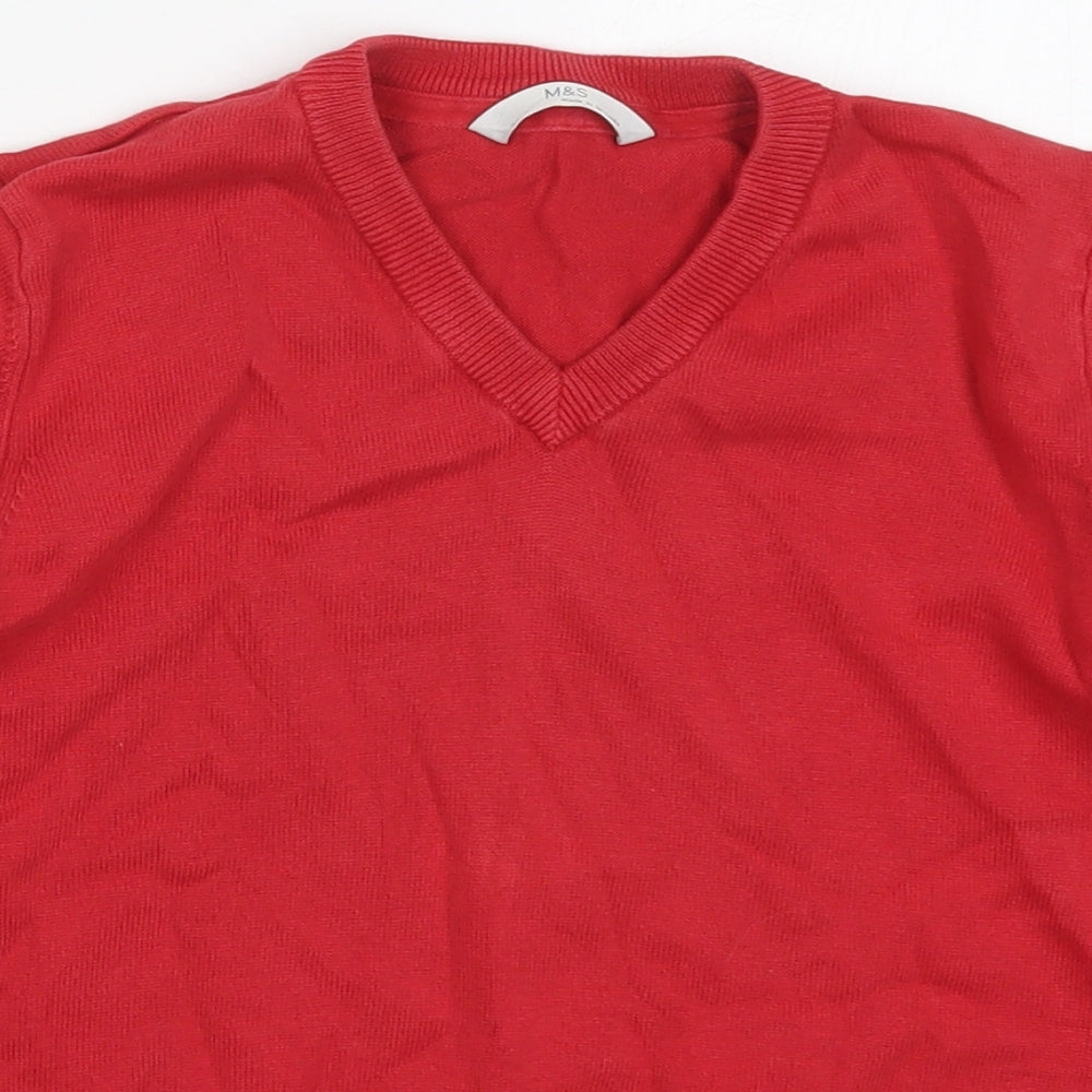 Marks and Spencer Boys Red V-Neck  Cotton Pullover Jumper Size 8-9 Years  Pullover