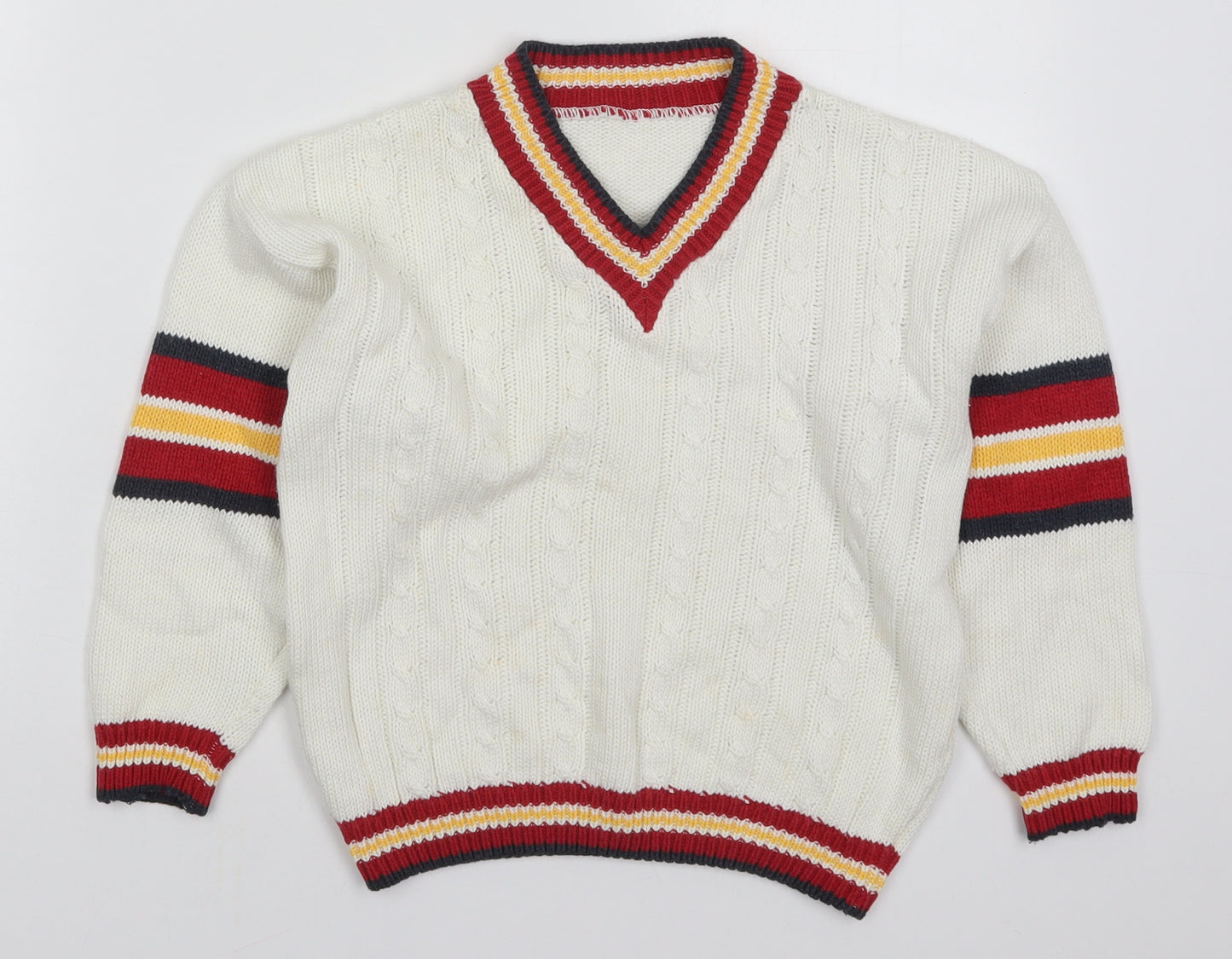 Mothercare Boys White V-Neck  Acrylic Pullover Jumper Size 6-7 Years  Pullover