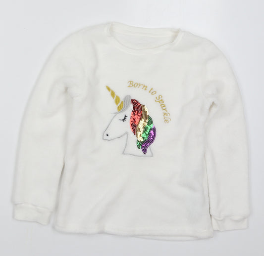 Avon Girls White Solid Polyester Top Pyjama Top Size 9-10 Years  Pullover - Unicorn Born to Sparkle