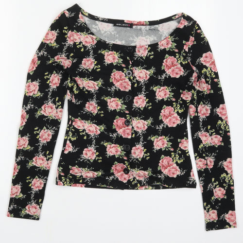 Select Womens Black Boat Neck Floral Polyester Cardigan Jumper Size 8   - Pink Roses