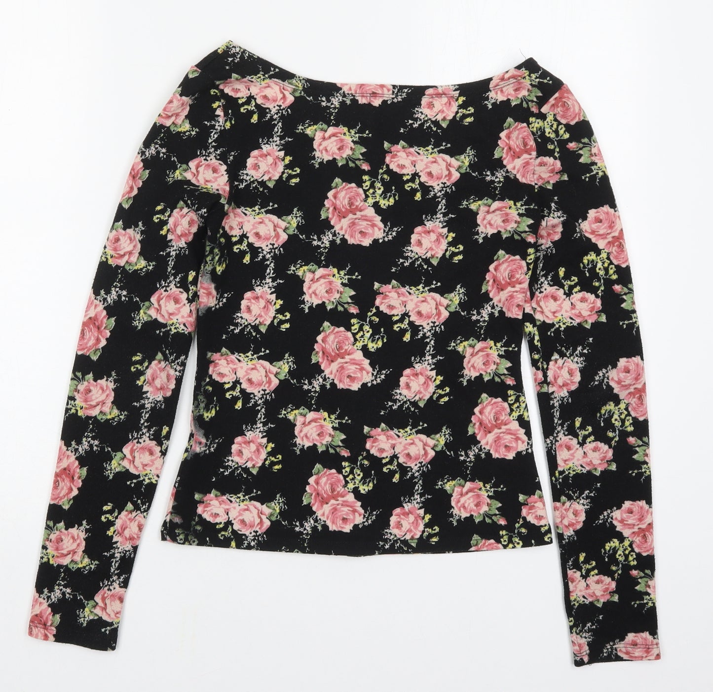 Select Womens Black Boat Neck Floral Polyester Cardigan Jumper Size 8   - Pink Roses