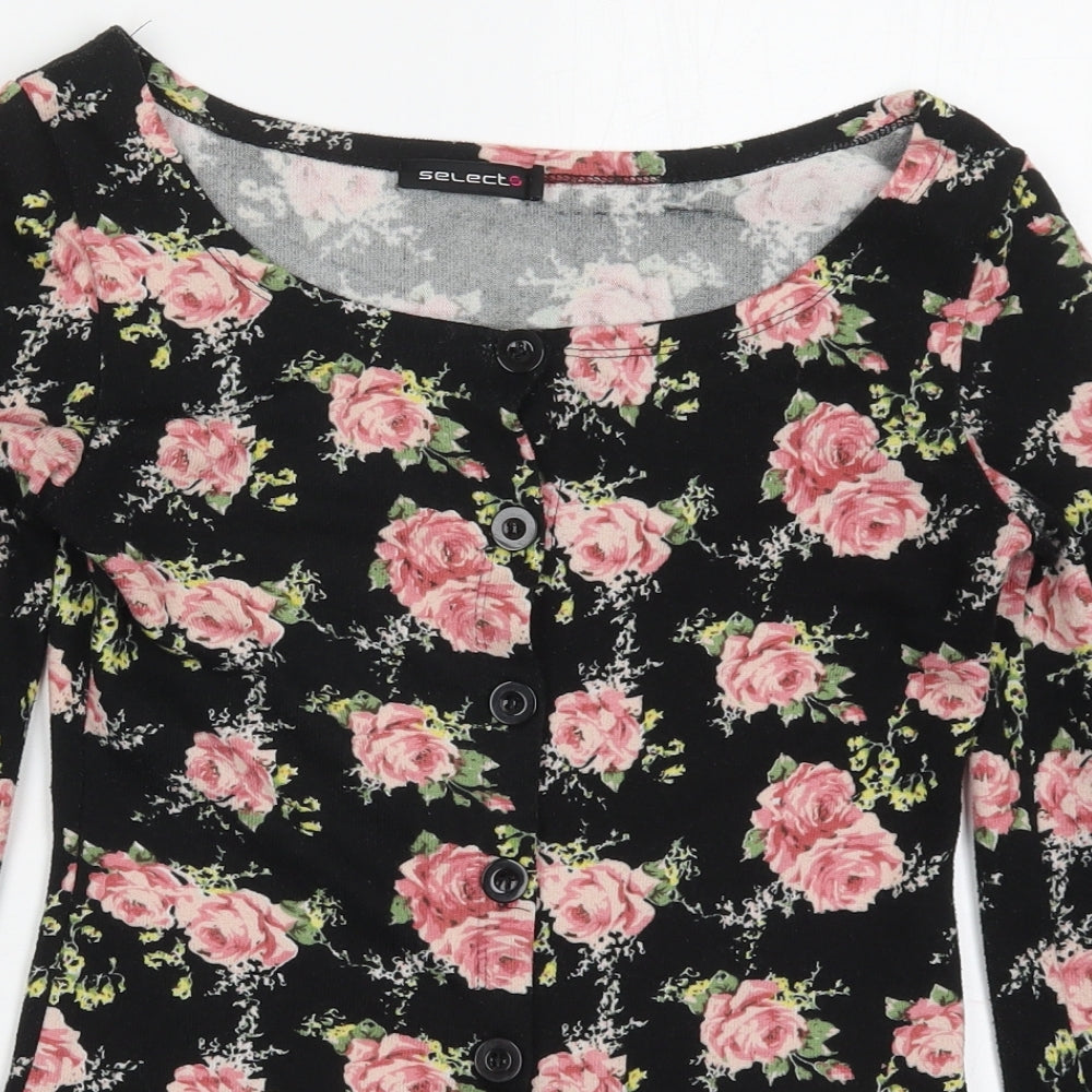 Select Womens Black Boat Neck Floral Polyester Cardigan Jumper Size 8   - Pink Roses