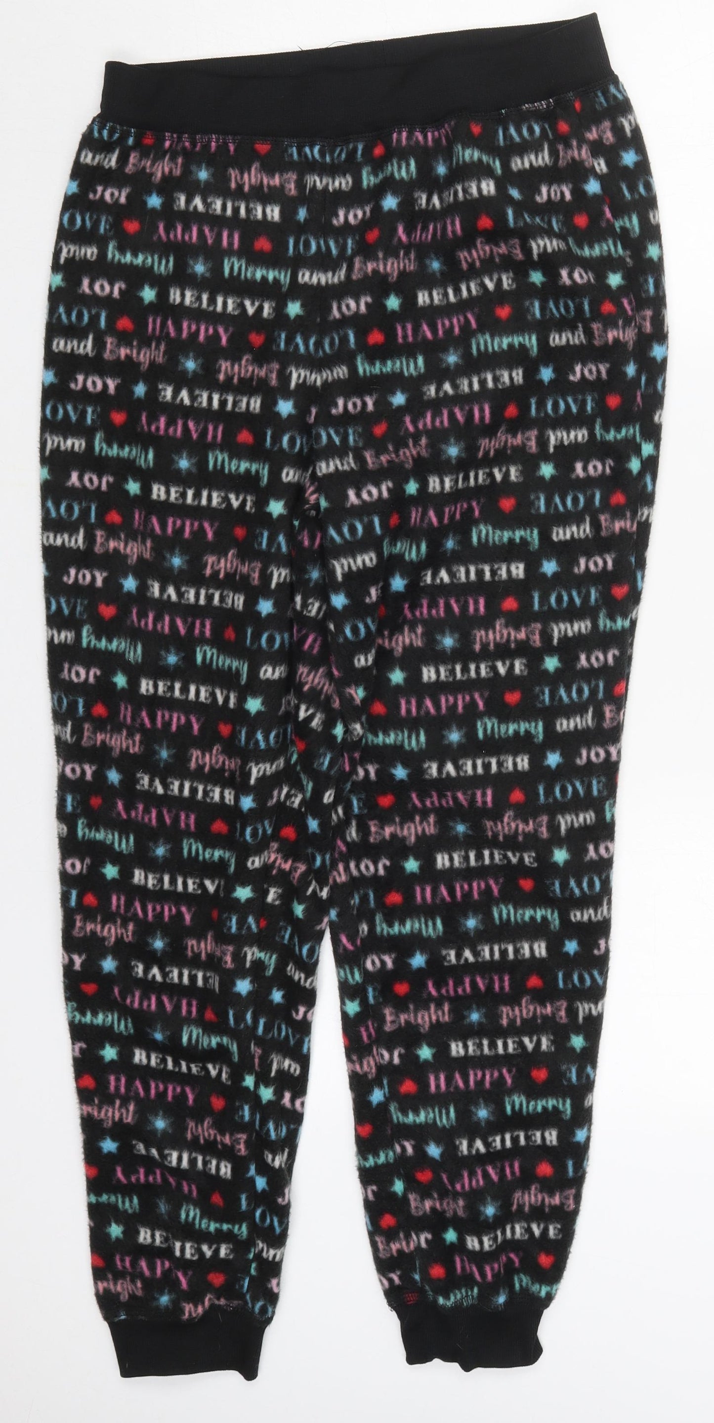 Studio Womens Black Geometric Polyester Trousers  Size 12 L27 in Regular  - Happy Love Believe Pyjama Pants