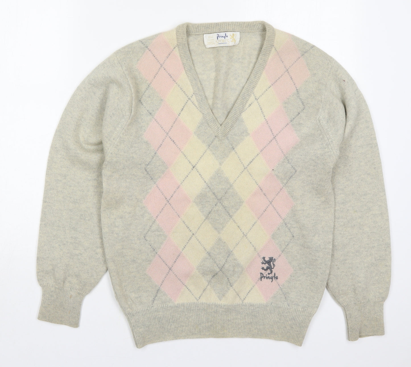 Pringle Mens Beige V-Neck Argyle/Diamond Wool Pullover Jumper Size S   - Pink