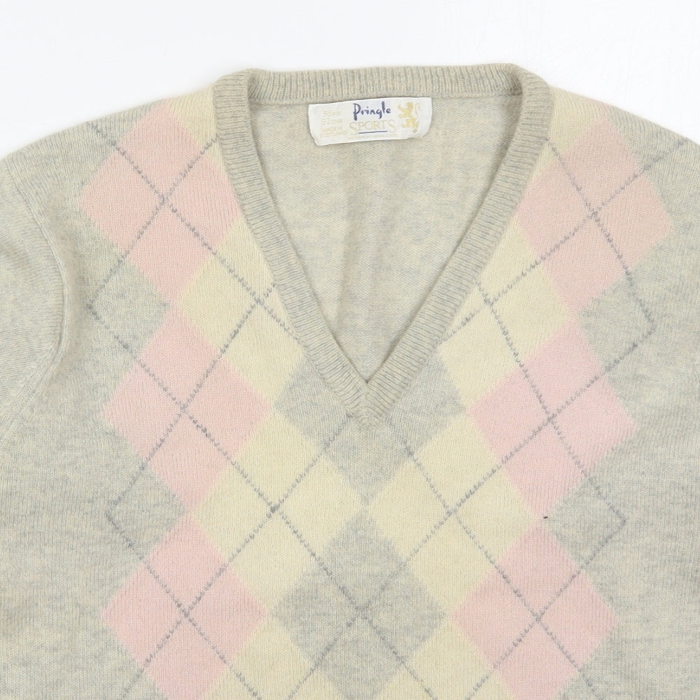 Pringle Mens Beige V-Neck Argyle/Diamond Wool Pullover Jumper Size S   - Pink
