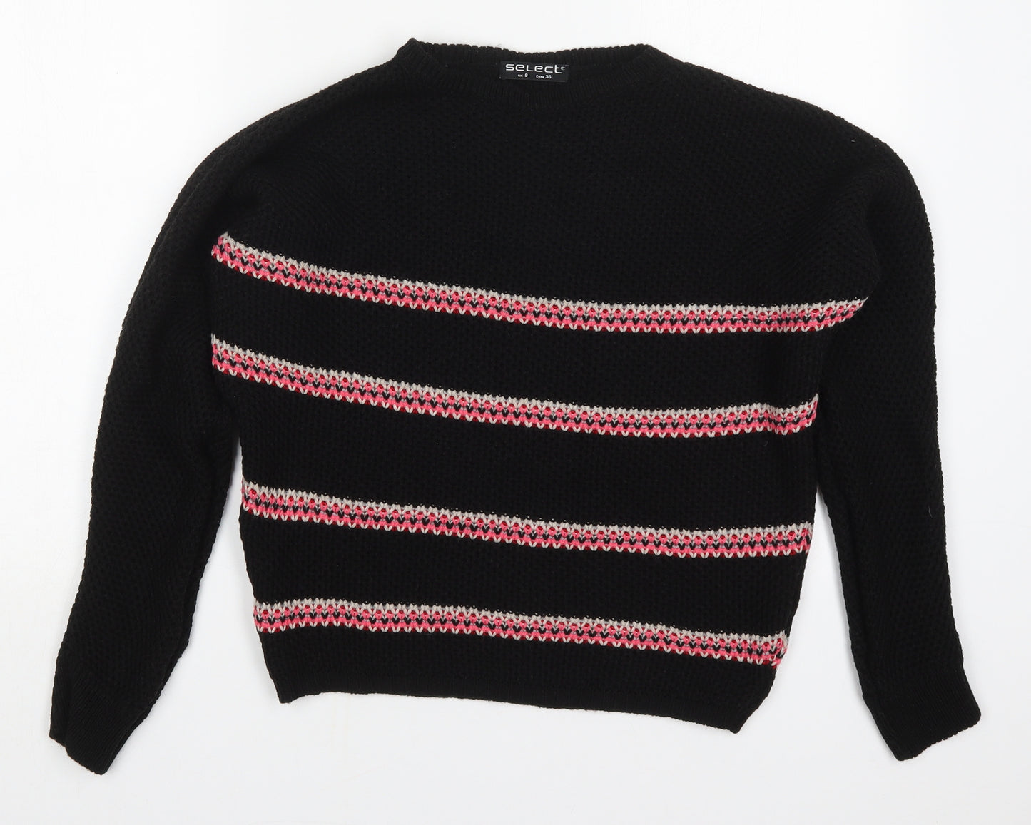 Select Womens Black Round Neck Striped Acrylic Pullover Jumper Size 8