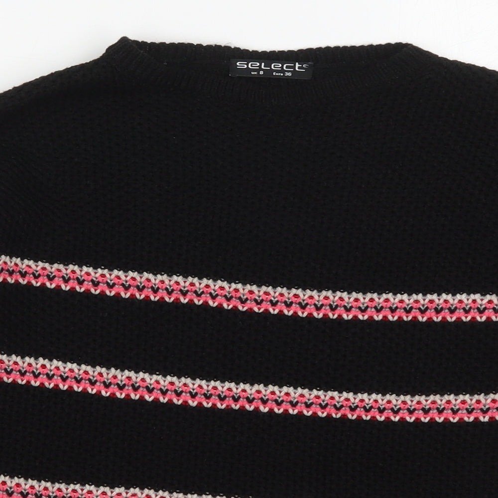 Select Womens Black Round Neck Striped Acrylic Pullover Jumper Size 8